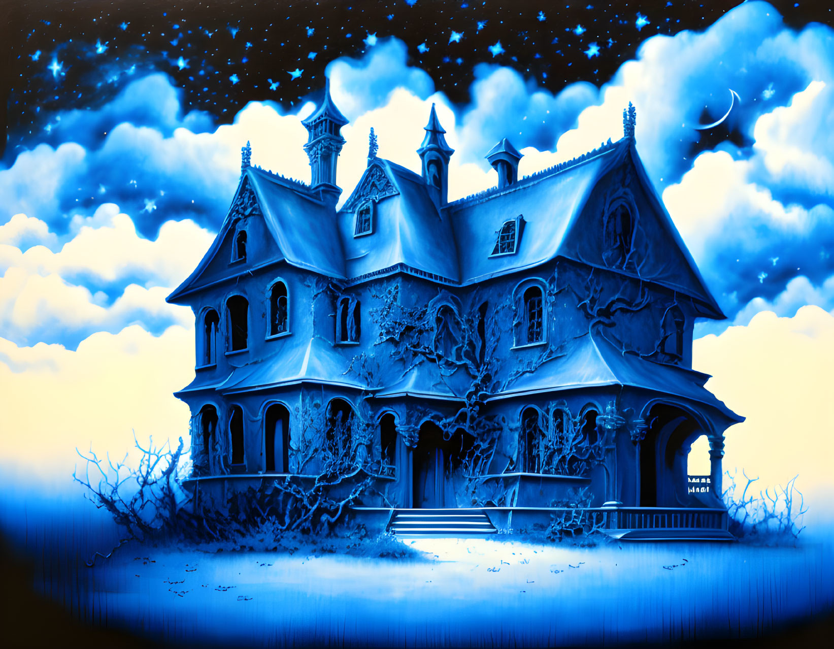 Stylized Haunted House Illustration in Blue and Yellow Palette