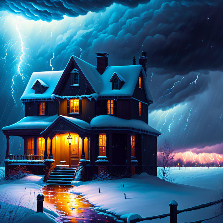 Snow-covered house lit up in stormy night sky