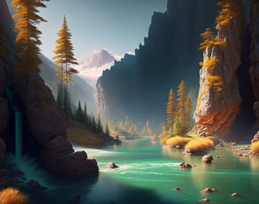 Tranquil river in autumn canyon with golden trees and towering cliffs