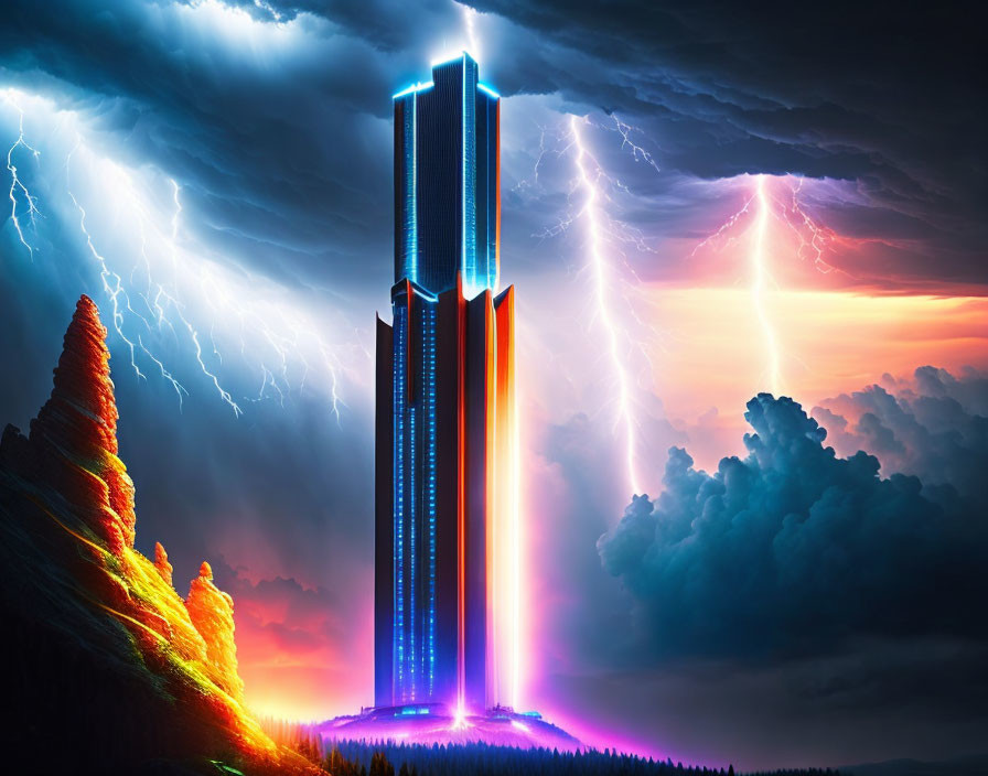 Futuristic skyscraper illuminated by neon lights in dramatic stormy landscape