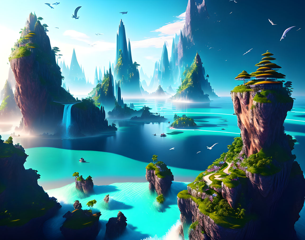 Fantastical landscape with towering spires, tranquil waters, lush greenery, boats, and birds