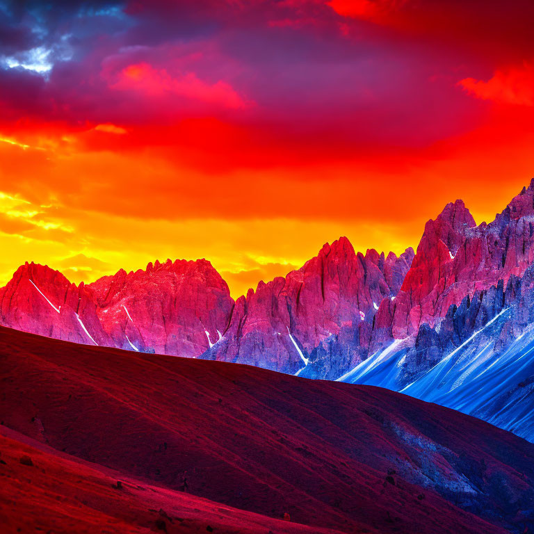 Colorful sunset over mountain peaks with rolling hill silhouette