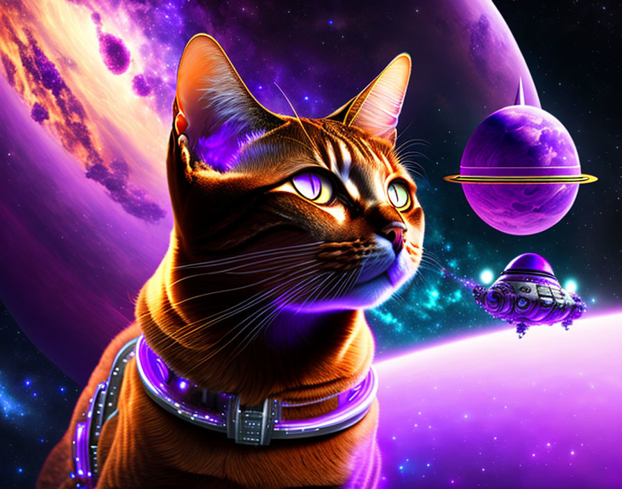 Digital artwork of orange tabby cat with futuristic collar in cosmic scene