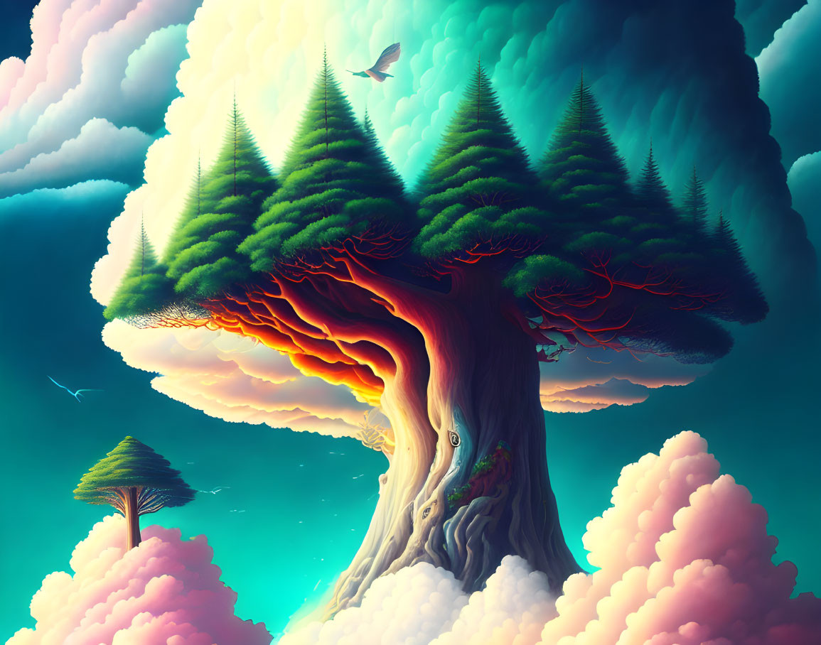 Vibrant tree with cloud-intertwined roots and surreal sky with floating birds