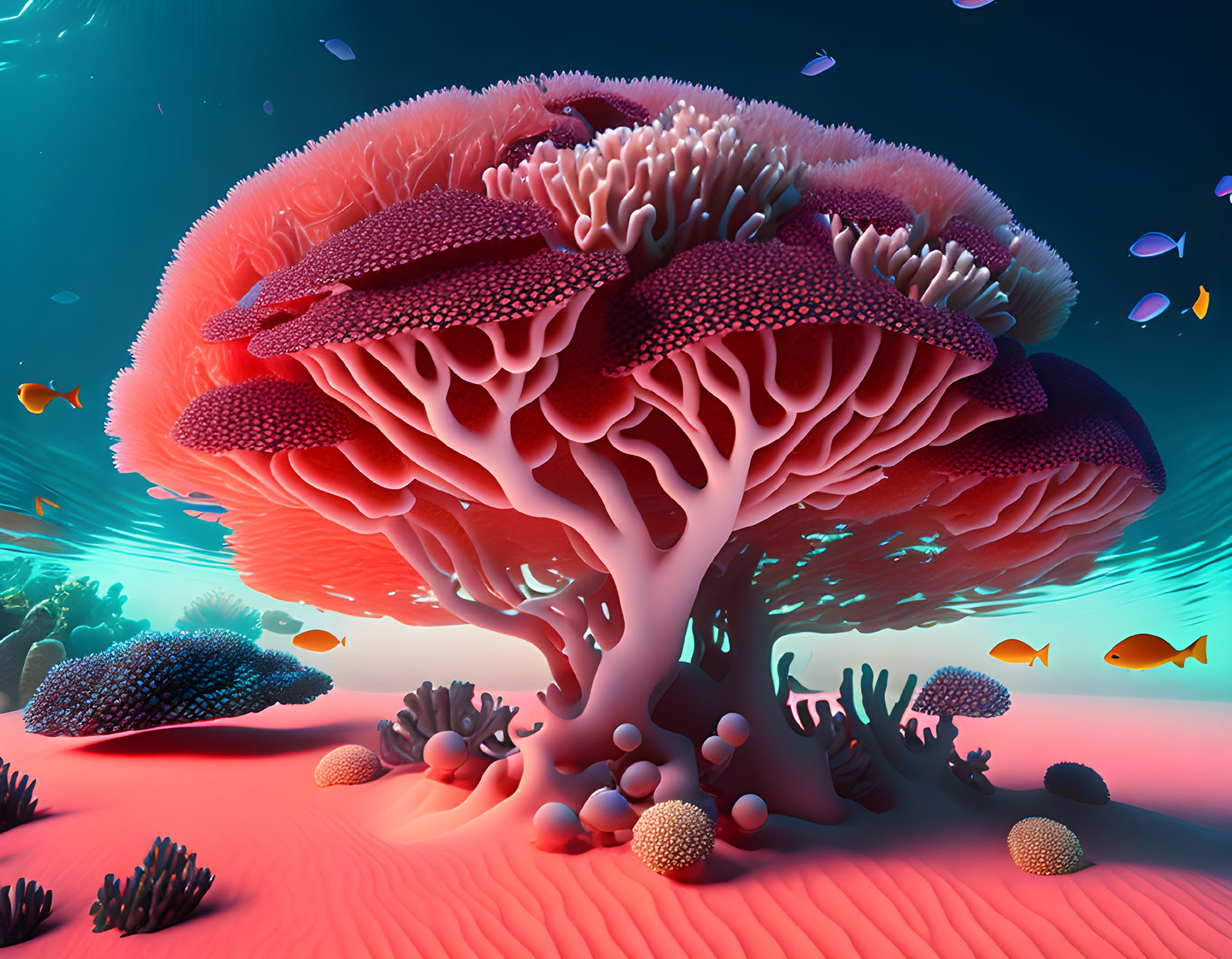 Colorful coral reef scene with tree-like coral and marine life in blue ocean.