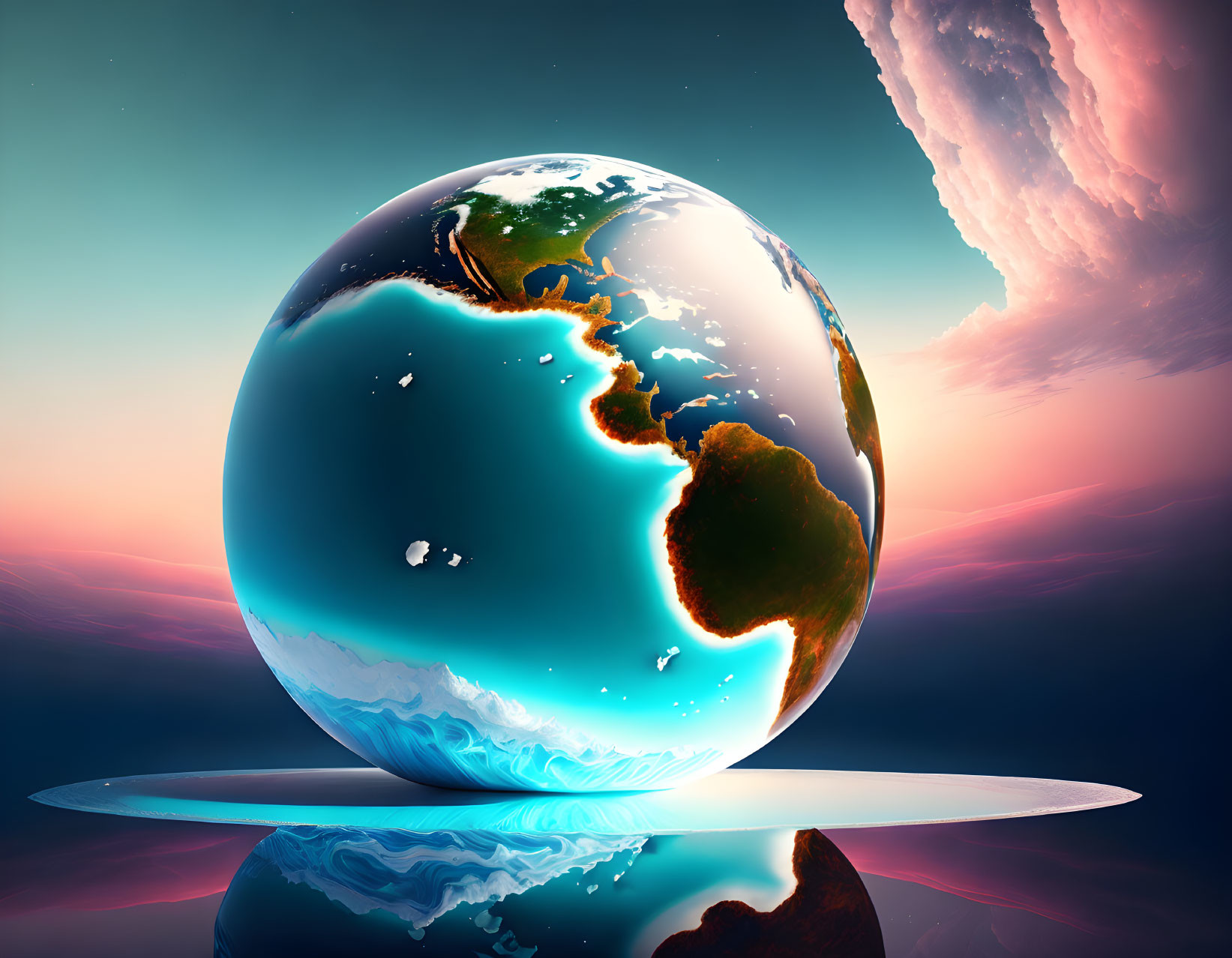 Exaggeratedly large Earth in surreal digital art