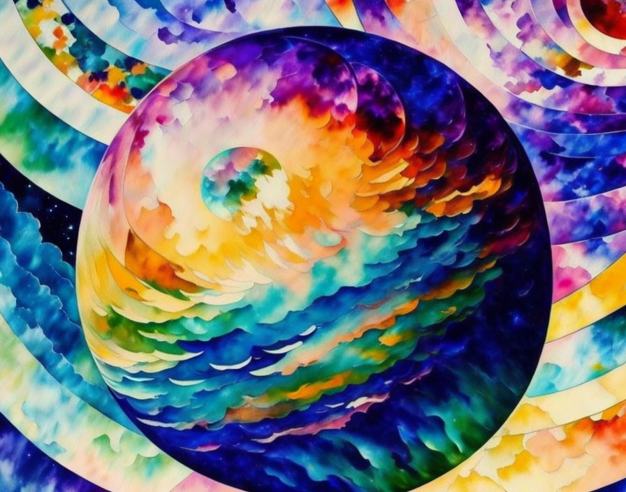 Colorful Psychedelic Artwork with Swirling Sphere and Spiral Waves