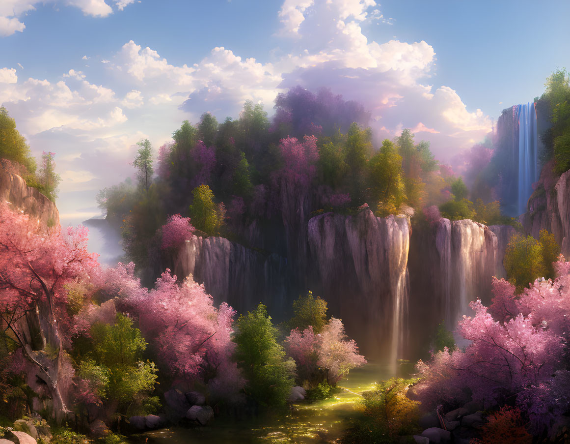 Tranquil landscape with waterfalls, pink trees, and serene river