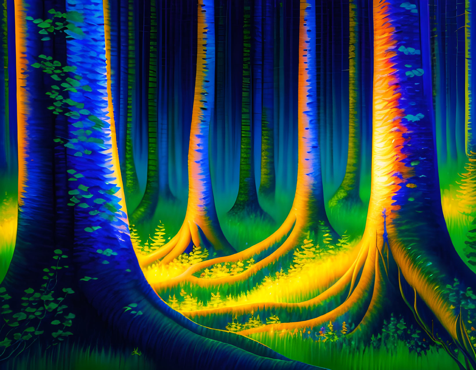 Mystical forest digital artwork with neon blue and orange illumination