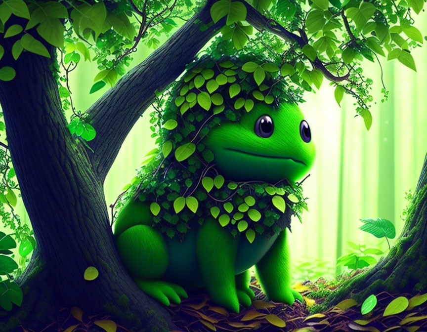 Chubby dinosaur-like creature covered in foliage in enchanted forest