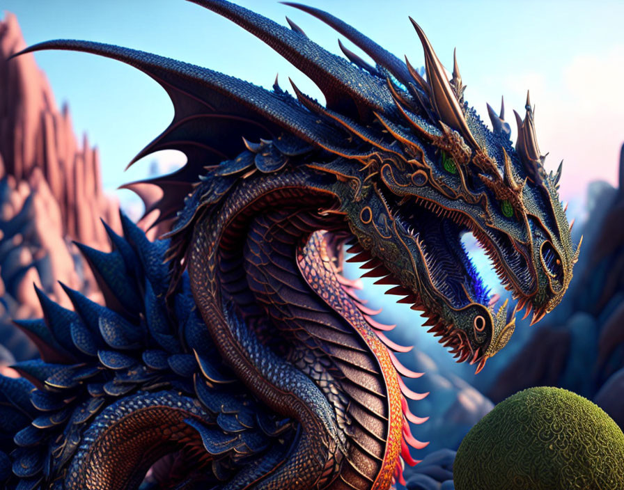 Detailed 3D Blue Dragon Illustration with Scales and Horns on Rocky Background