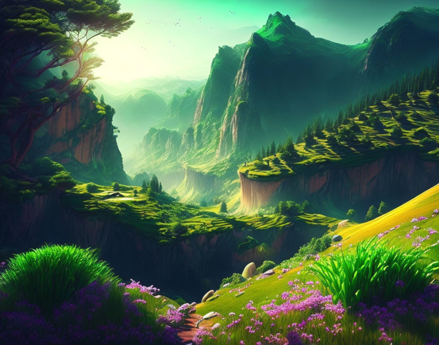 Scenic green valley with flowers, cliffs, and waterfall under sunny sky