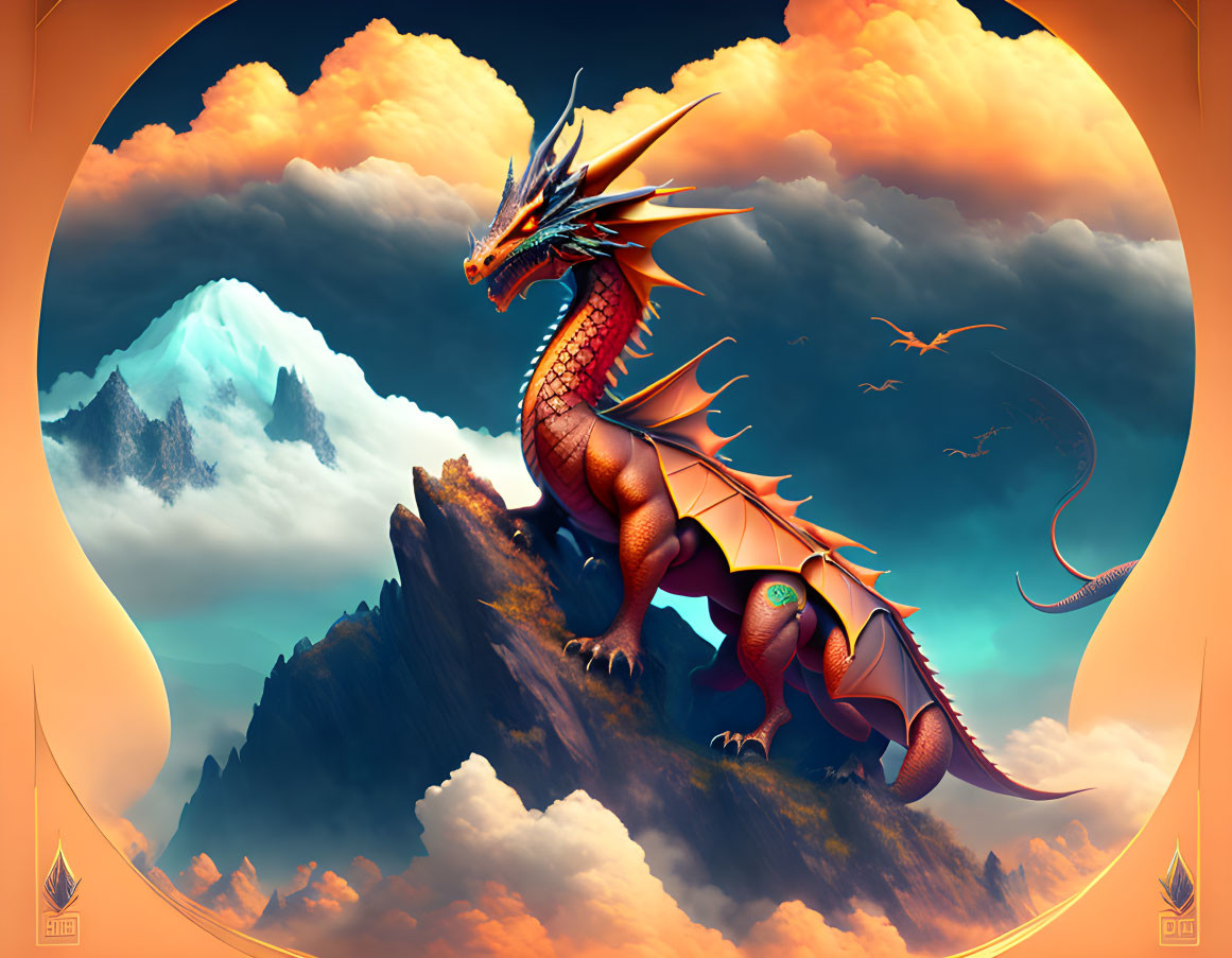 Majestic dragon on rocky peak with floating mountains