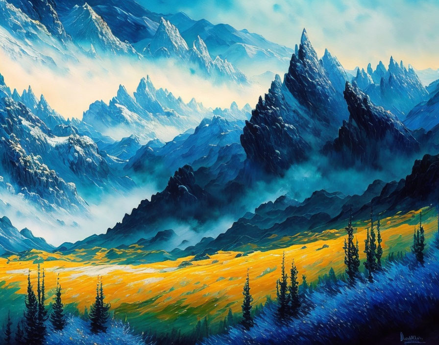 Scenic mountain range painting with forested hills and wildflowers