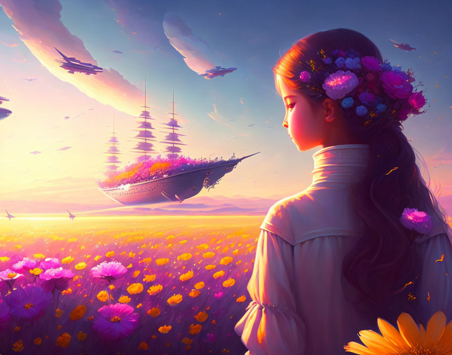 Girl with flowers in hair gazes at flying ship over purple flower field at sunset