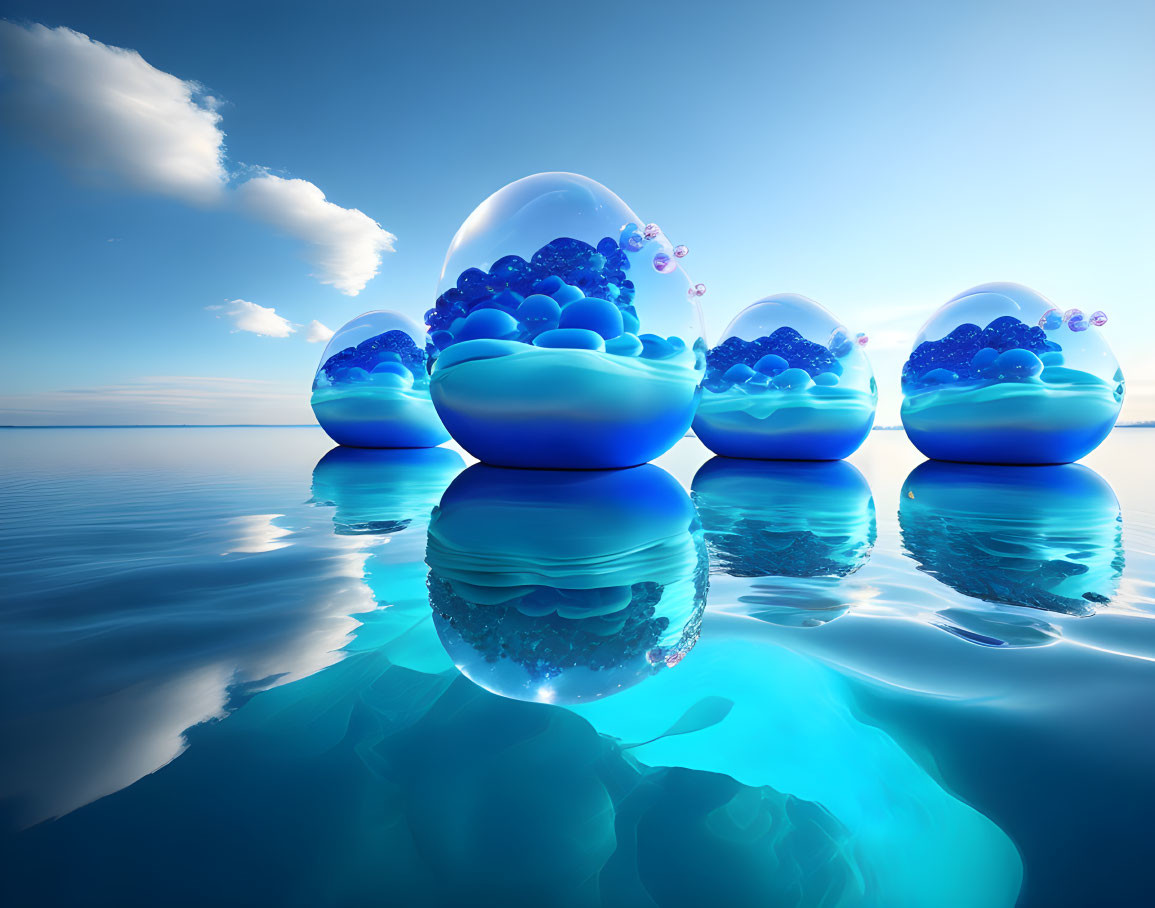 Surreal image of glossy egg-shaped objects on calm ocean