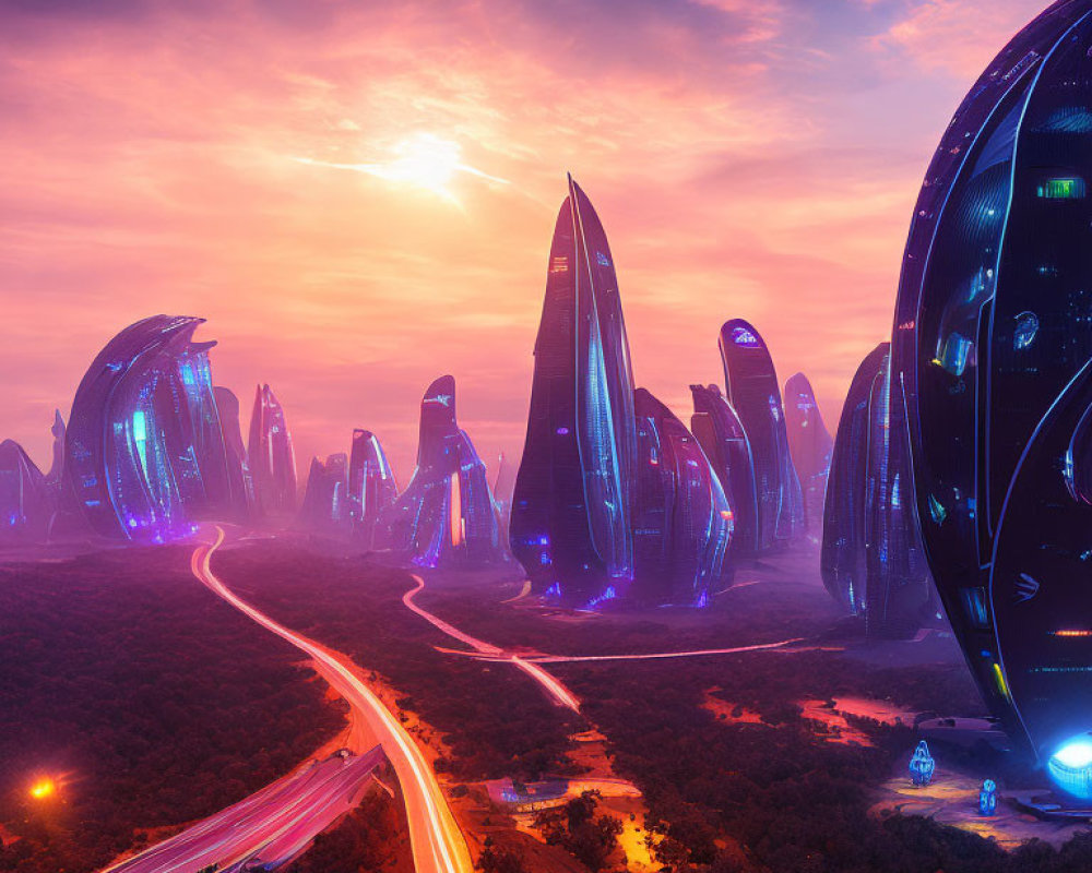 Futuristic cityscape with glowing skyscrapers under vibrant sunset sky