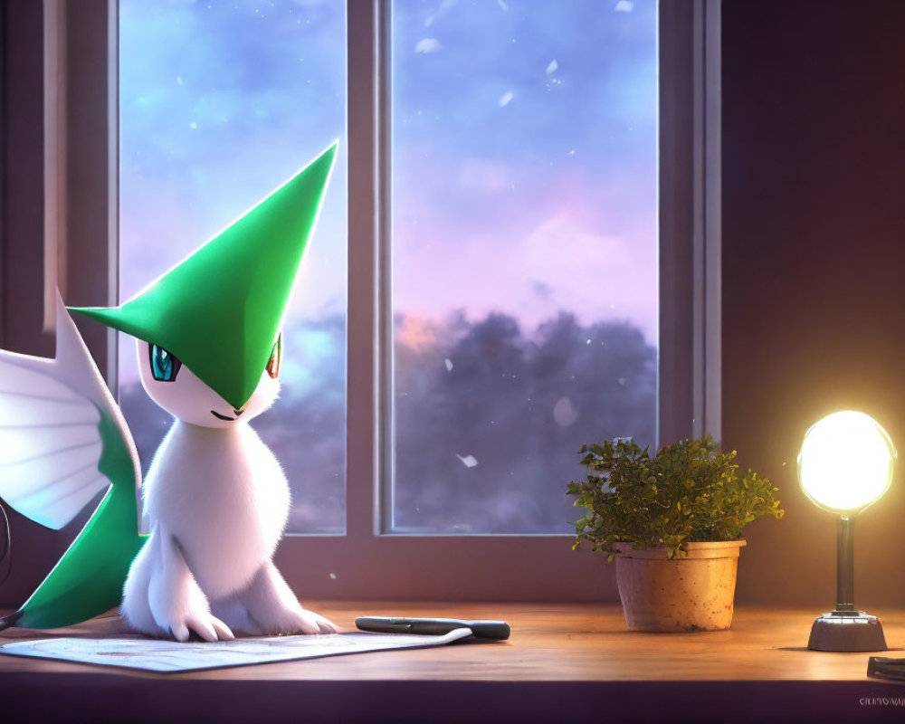 Animated creature by window at dusk with lamp and plant