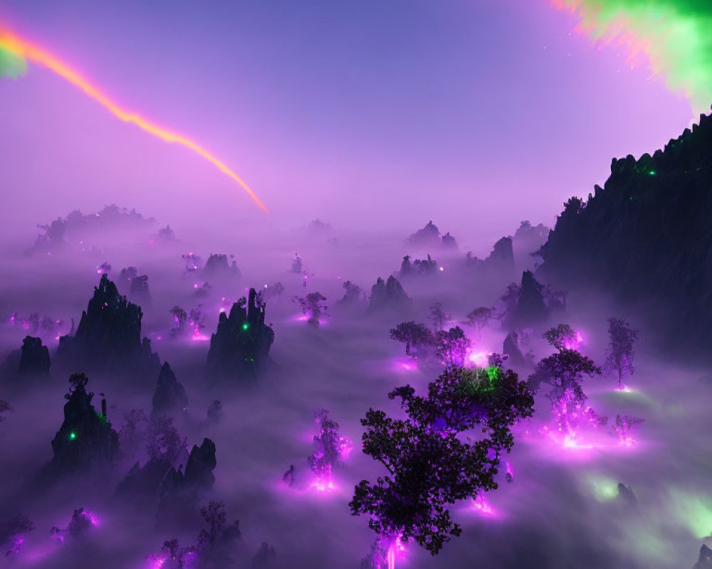 Mystical landscape with rocky peaks and colorful auroras