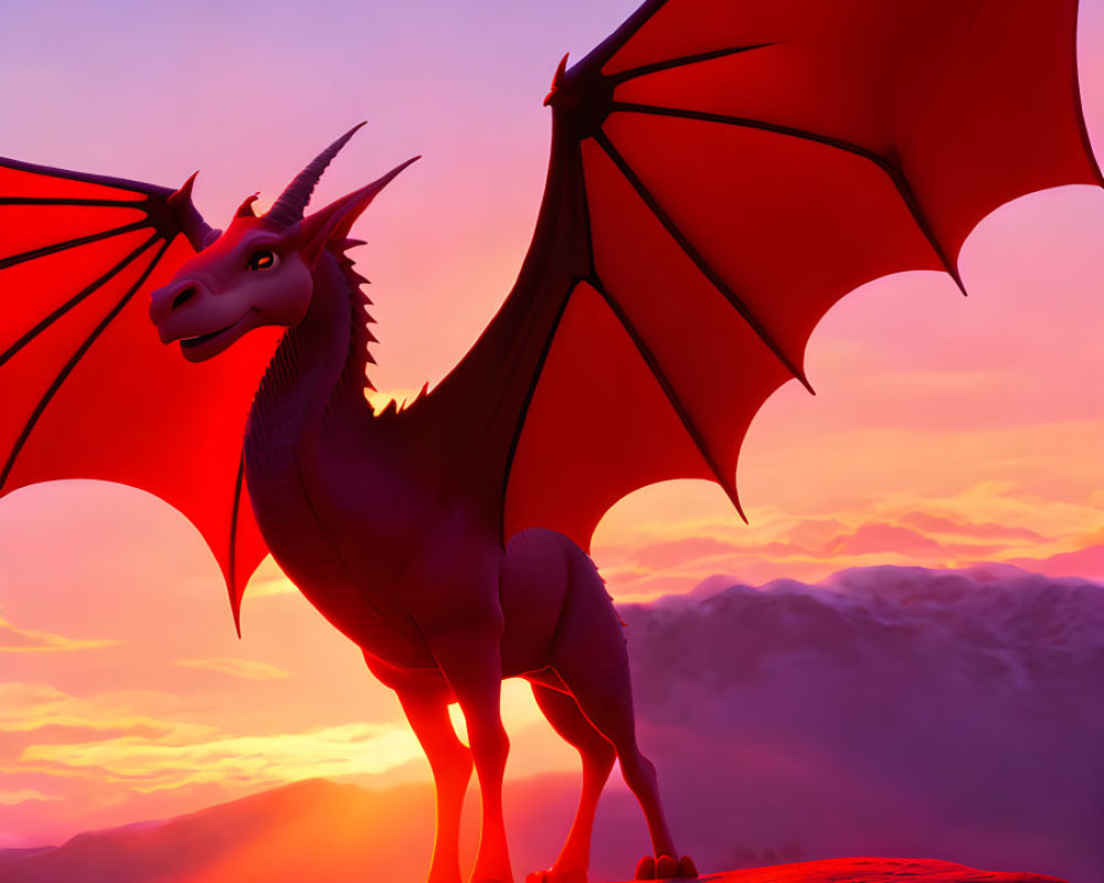 Majestic animated dragon with red wings on rock at vibrant sunset.