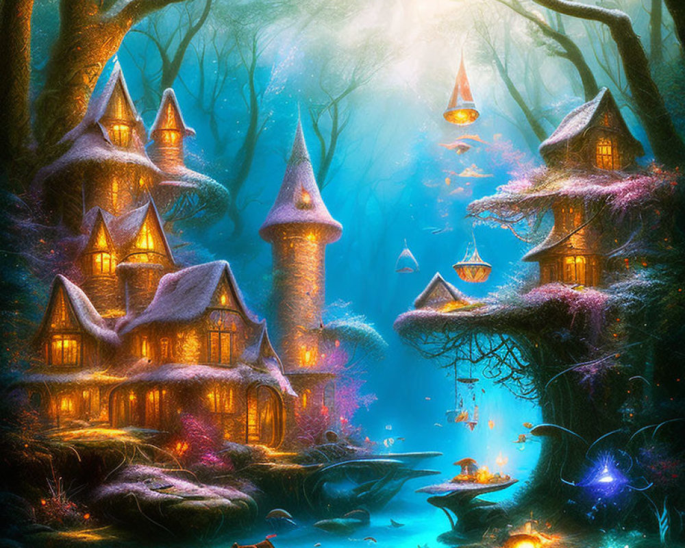 Whimsical forest scene with glowing lanterns and serene river