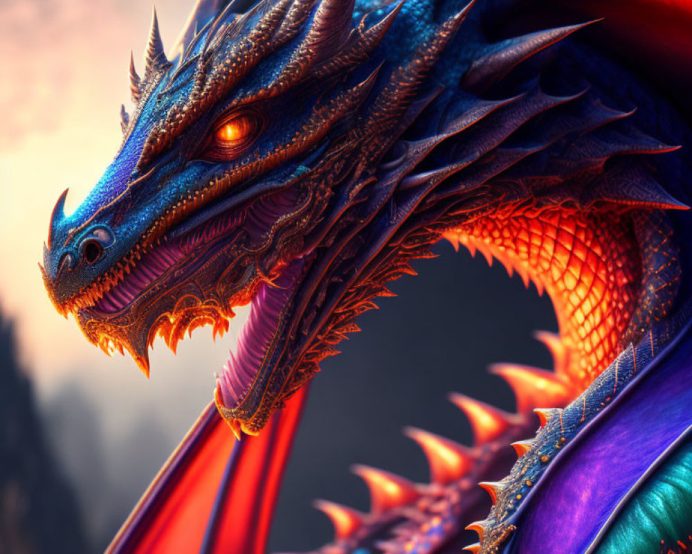 Colorful Dragon with Glowing Eyes and Outspread Wings at Dusk