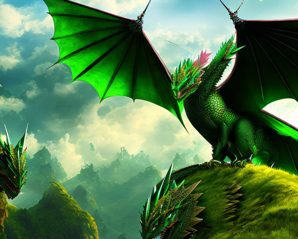 Three green dragons on grassy hill with mountainous terrain & vivid sky