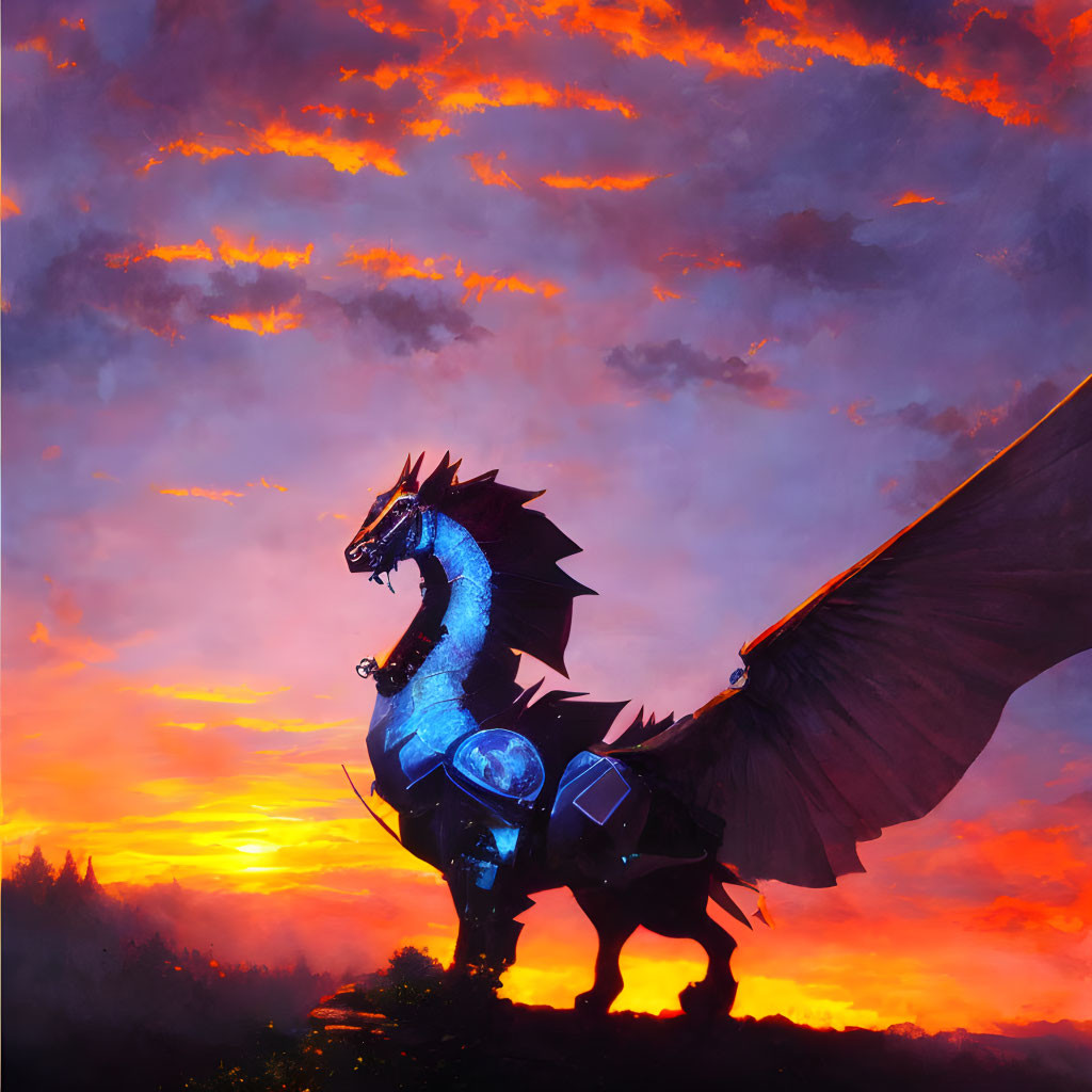 Blue dragon against fiery sunset sky with outstretched wings and gleaming armor