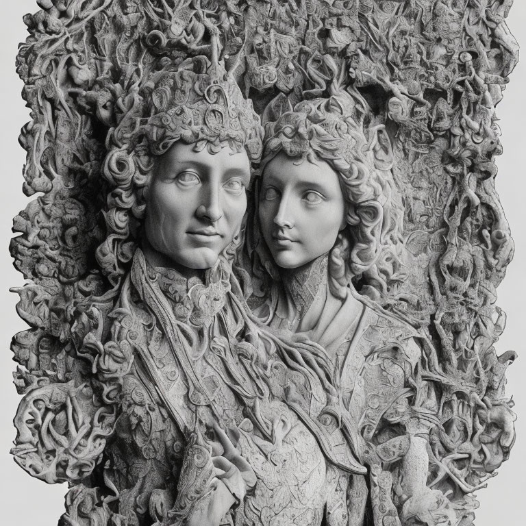 Detailed grayscale stone sculpture of man and woman faces with ornate hair and clothing.