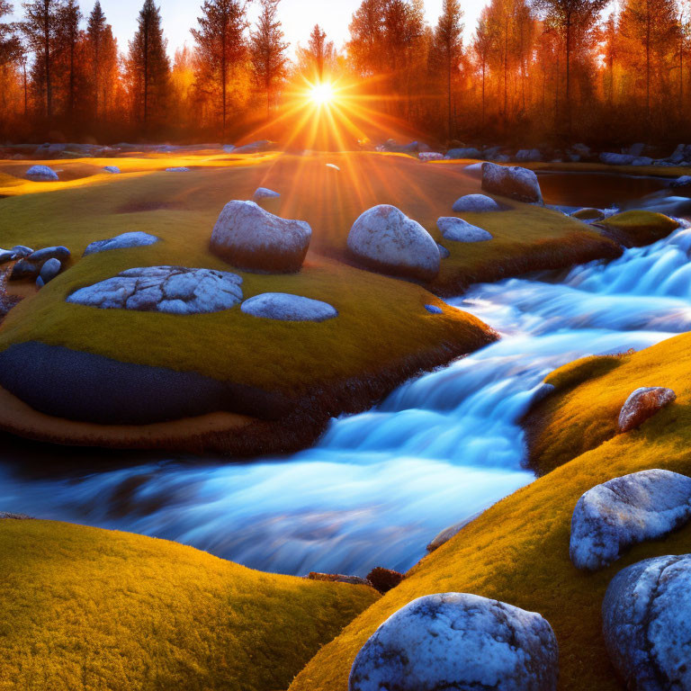 Vibrant river at sunset with moss-covered banks