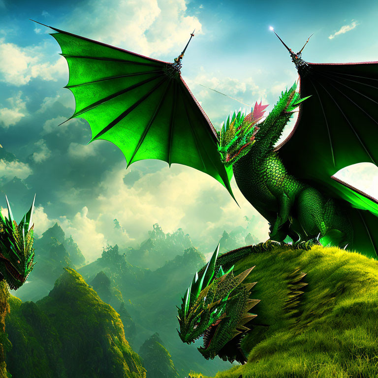 Three green dragons on grassy hill with mountainous terrain & vivid sky