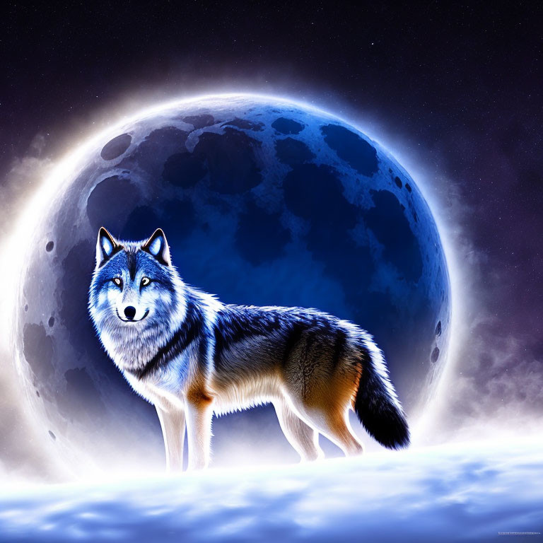 Majestic wolf under luminous full moon in starry night sky