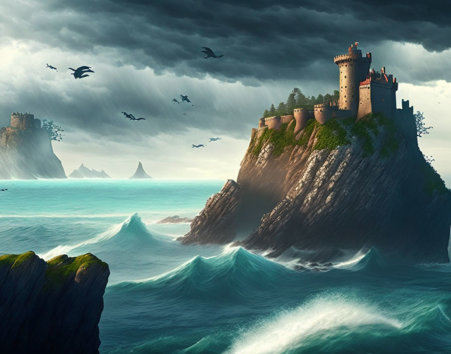 Fantasy castle on cliff with ocean waves and dramatic sky