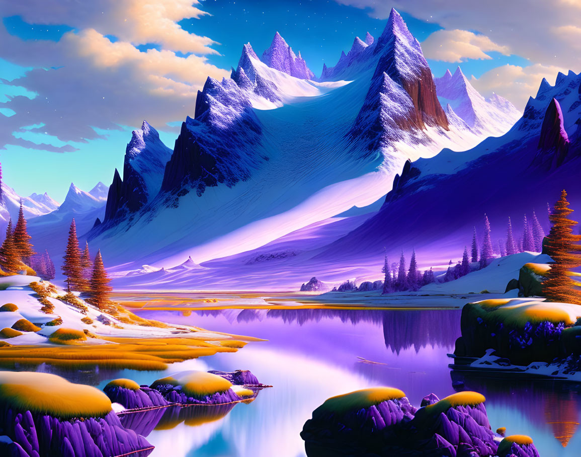 Majestic purple mountains, tranquil river, lush trees, yellow grass, twilight sky