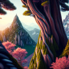 Surreal landscape with twisted tree trunk and pink-leaved trees overlooking valley