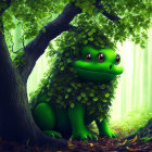 Chubby dinosaur-like creature covered in foliage in enchanted forest