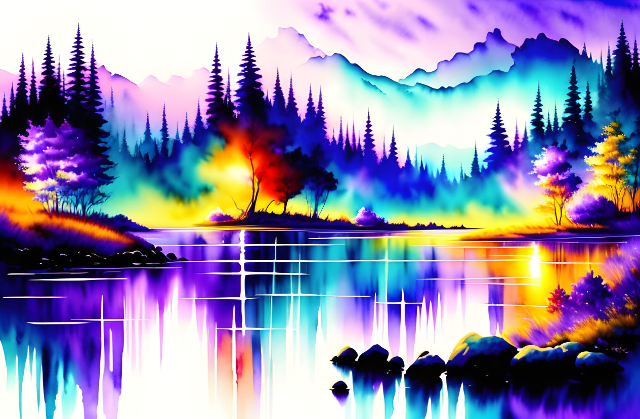 Colorful Sunset Landscape with Pine Trees, Mountains, and Lake