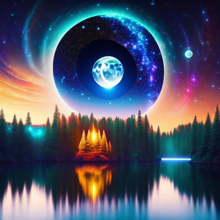 Surreal landscape with vibrant night sky, forest, and reflective lake