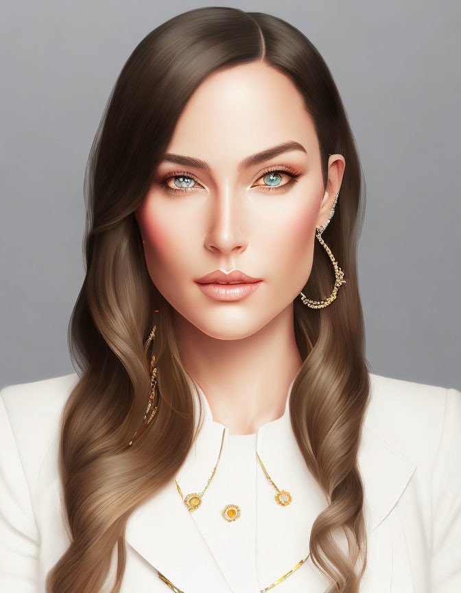 Digital portrait of woman with brown hair, blue eyes, white outfit, gold accessories