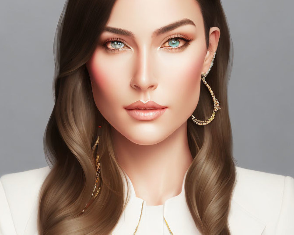 Digital portrait of woman with brown hair, blue eyes, white outfit, gold accessories