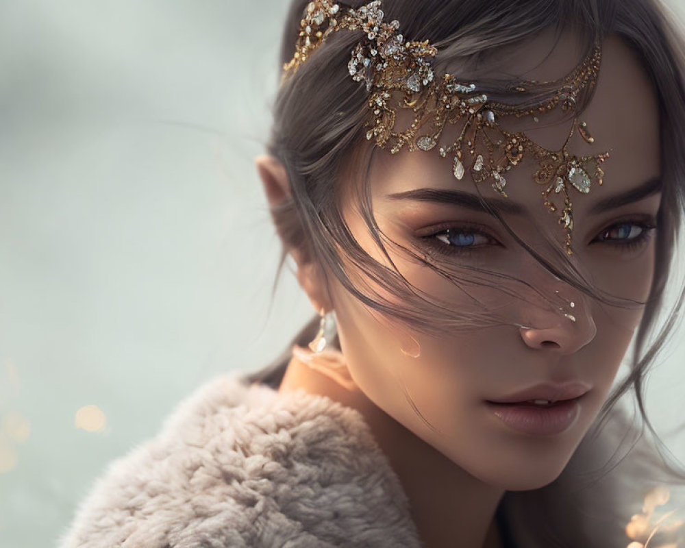 Golden headpiece woman with subtle gaze and blurred lights portrait.