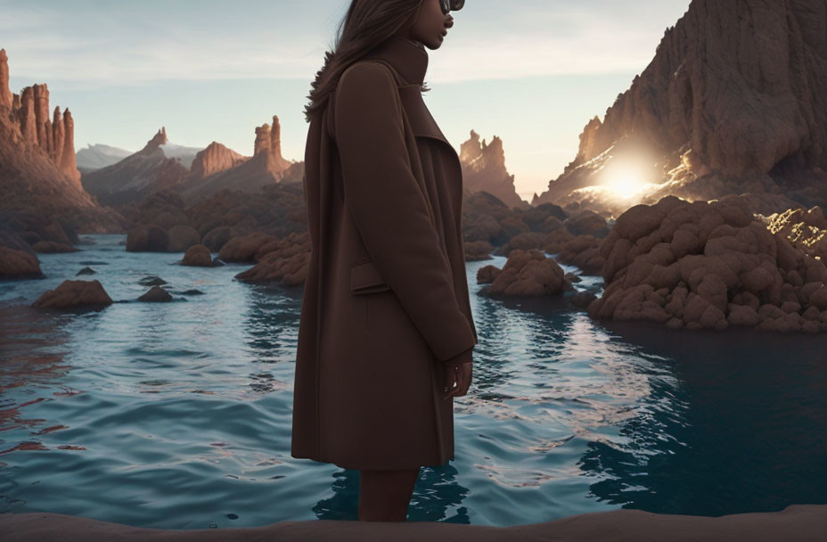 Person in Brown Coat by Serene Lake with Desert Mountains and Sunset