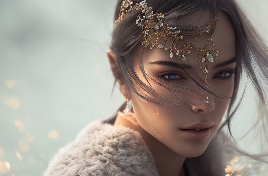 Golden headpiece woman with subtle gaze and blurred lights portrait.