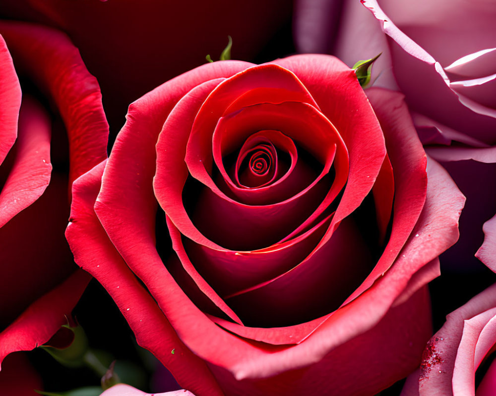 Detailed Close-up of Vibrant Red Rose Among Soft Pink Roses with Dewdrops