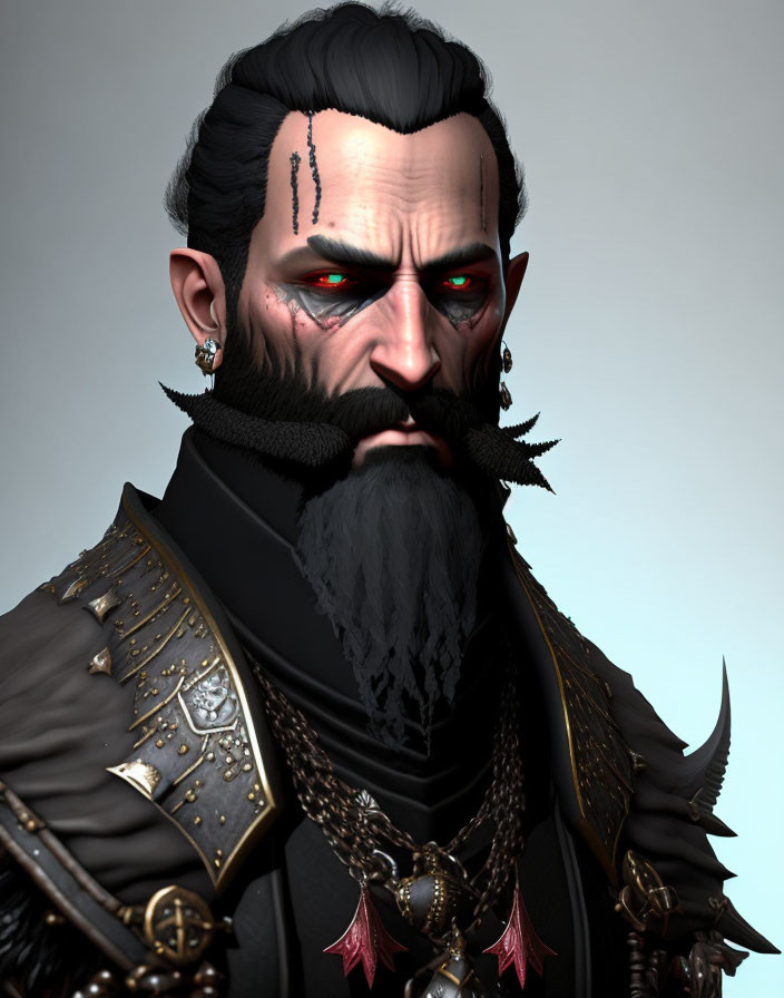 Male character in ornate black outfit with red eyes and scars