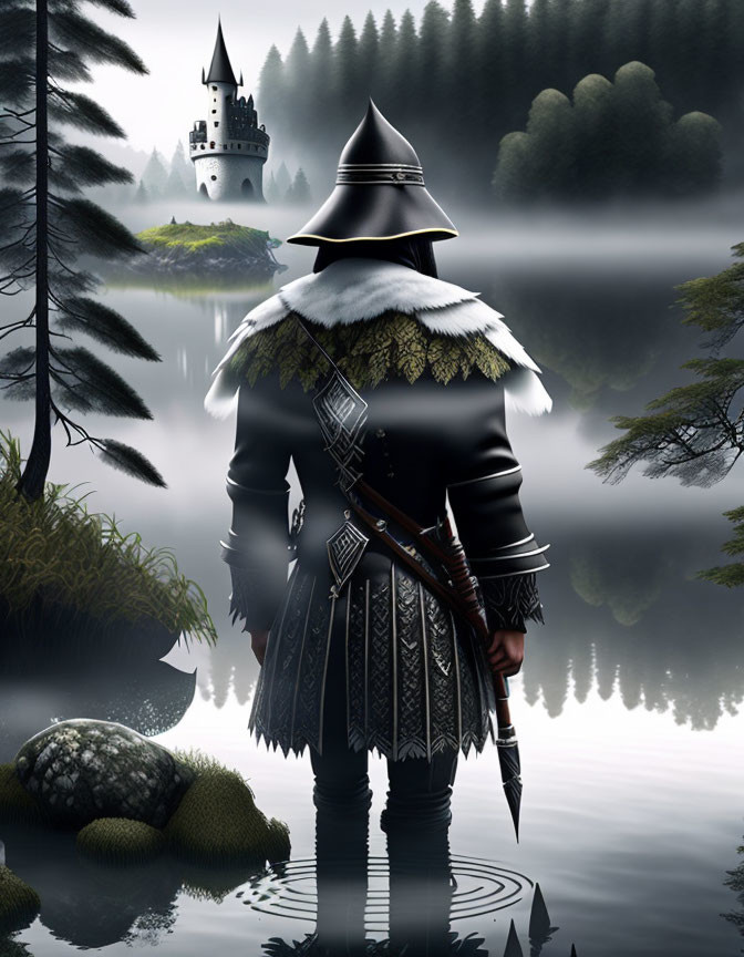 Medieval knight in armor gazes at distant castle by misty lake