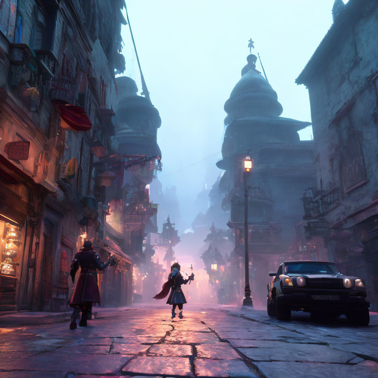 Fantasy urban scene with fog, neon lights, traditional architecture, and modern car.