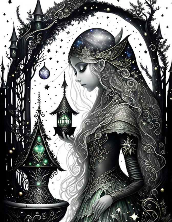 Fantasy illustration of woman with starry hair in celestial attire among twinkling stars and lanterns