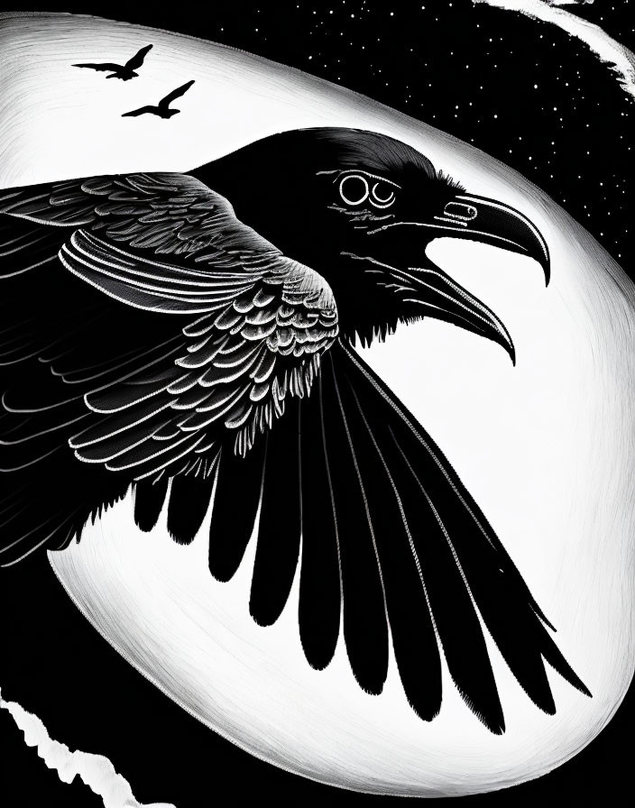 Monochromatic raven illustration with crescent moon and starry sky