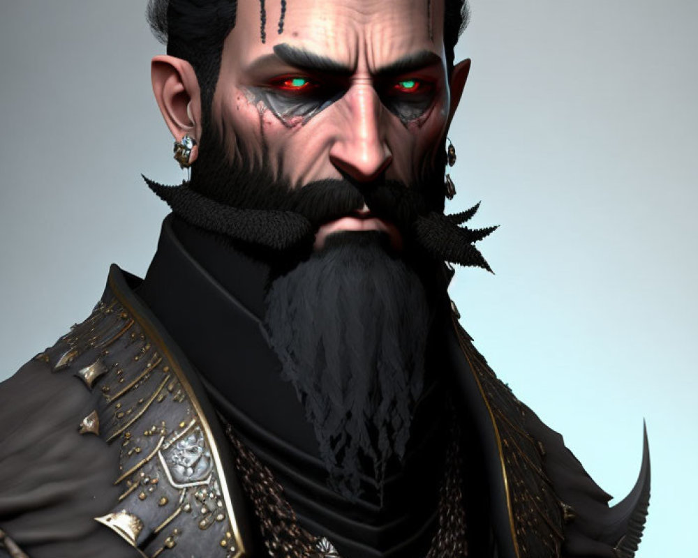 Male character in ornate black outfit with red eyes and scars